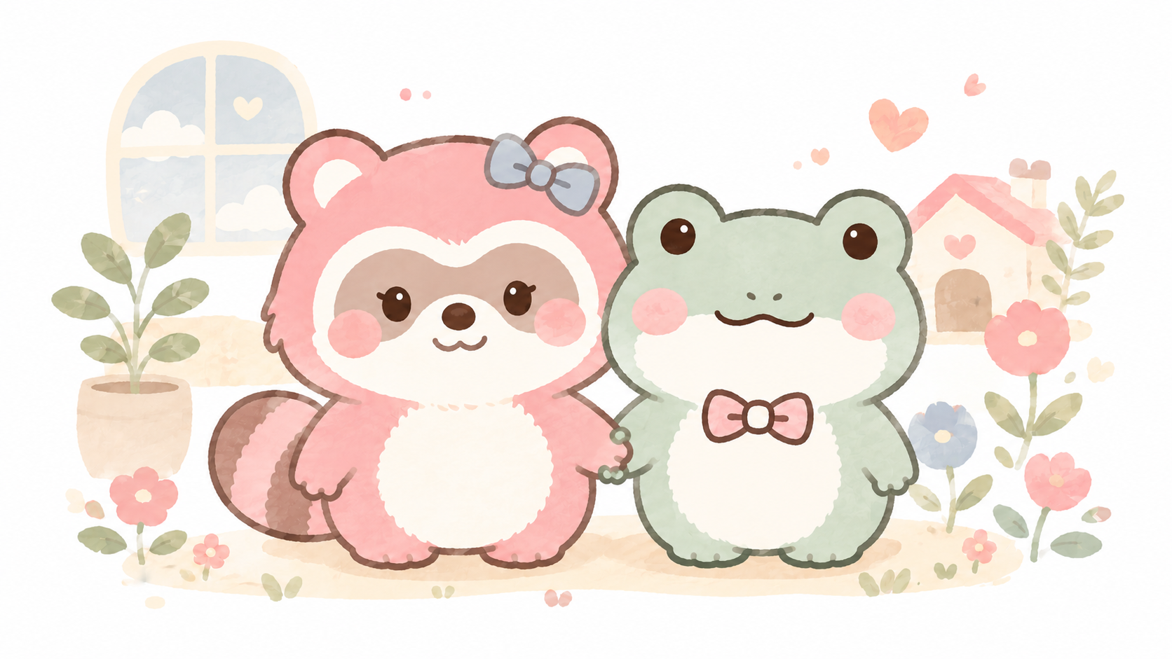 ぽんとけろが手を繋いで並ぶイラスト